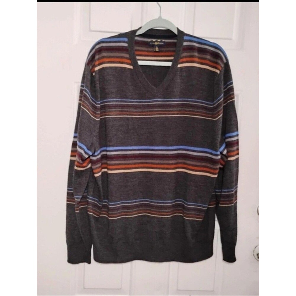 Vintage Club Room Men's Dark Gray V-Neck Sweater with Blue and Brown Stripes